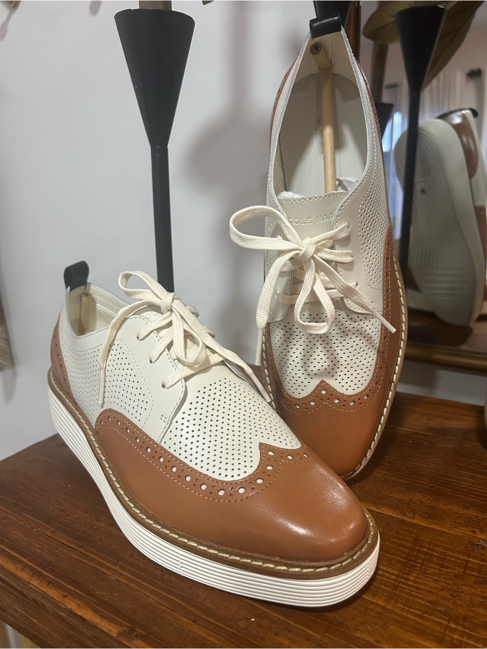 Cole Haan Cream and Tan Perforated Wingtip Derby Sneakers